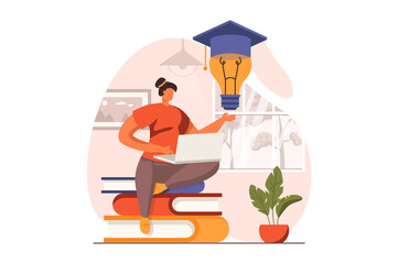 Poster - Distant learning web concept in flat design. Woman studying on laptop, watching video lectures and webinars, gaining knowledge. Online education and e-learning. Vector illustration with people scene