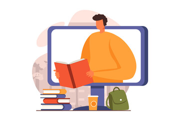 Fototapete - Distant learning web concept in flat design. Student reading e-book and studies on computer, making homework with textbooks. Online education and e-learning. Vector illustration with people scene