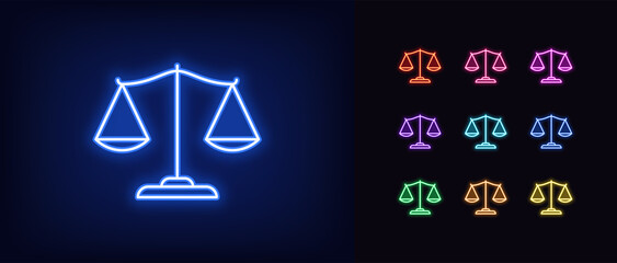 Outline neon justice scales icon. Glowing neon judge scales sign, libra pictogram. Legal judgement