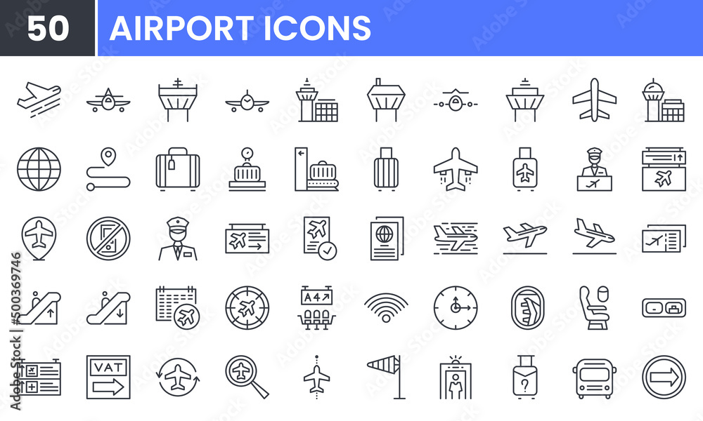 Airport vector line icon set. Contains linear outline icons like Plane ...