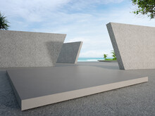 Rectangle Gray Concrete Podium On Empty Asphalt Floor. 3d Rendering Of Sea View Plaza With Pebble Wall And Blue Sky Background.