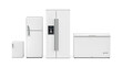 Front view of four different refrigerators on white background