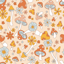 Retro 70s 60s Floral Hippie Mushrooms Summer Groovy Flower Power Vector Seamless Pattern. Boho Retro Colours Whimsical Fly Agaric Ligt Pink Background Fungus Surface Design.
