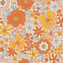 Retro 70s 60s Floral Hippie Summer Groovy Flower Power Flower Child Vector Seamless Pattern. Boho Summer Retro Colours Flower Bouquet Light Background Surface Design.