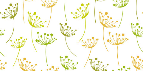 Hand drawn colorful flying seeds of dandelion in cute doodle style horizontal seamless pattern. Vector illustration for fabric, textile, paper, card design or baby clothings.