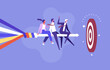 © treety - Various businesspeople and executives sit many multi-colored lines merge into a single arrow and combining their skills and expertise on a project leading to target