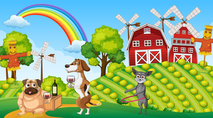 Wall Mural - Outdoor farm scene with cartoon dogs