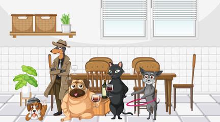 Set of different domestic animals in kitchen