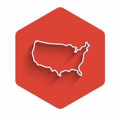 Sticker - White line USA map icon isolated with long shadow background. Map of the United States of America. Red hexagon button. Vector