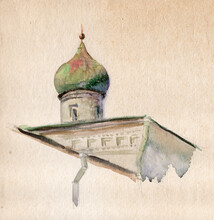 Watercolor Sketch On Aged Paper, Fragment Of An Old Orthodox Church With A Traditional Onion Shaped Dome In The Russian Architectural Style