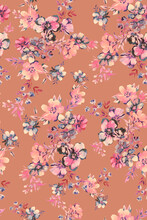 Delicate Hand Painted Artsitic Floral Pattern On Brick Colored Bakcground. Pastel Pink, Grey Blue Flowers, Multidirectional Allover Design Suitable For Textile And Surface Design