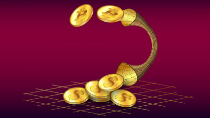 Canvas Print - BTC and USD coins transferred through the pipe on red background. Concept of converting Bitcoin to Dollars.