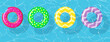 Swim rings set for summer party. Inflatable rubber toy colorful collection. Top view swimming circle for ocean, sea, pool. Lifebyou swimming rings. Summer vacation or trip safety