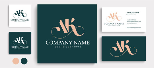 Sticker - AK letter monogram. Elegant luxury logo. Calligraphic style. Corporate identity and personal logo. Vector design. Luxurious linear creative monogram.