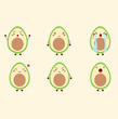 Avocado character. Many emotions cartoon. Martial, dismal, cry, smile, happy, angry and surprised.