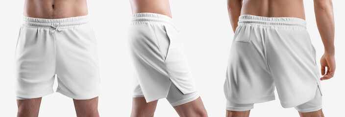 Sticker - Set mockup of white loose shorts for running, training, undershorts with a compression line of underpants, stretch lining.