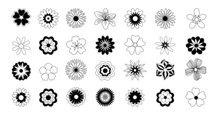 Wall Mural - Set of vector icons of flowers in black and white. Editable vector pictogram on a white background. Trendy contour symbols for mobile apps and website design. Collection of garden illustration signs.