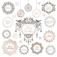 Sticker - Winter Wreath, Christmas Vintage typographic, New year labels, badges, Calligraphic Design Elements