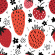 Strawberry season cute seamless pattern with red berries and flowers. Wallpaper, fabric print, textile summer vibe design.