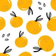 Wall Mural - Cute cartoon style oranges and seeds trendy vector seamless pattern background for juice, food, nature design.