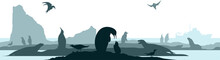 Vector Seamless Antarctica With Animals: Magellanic,  Chinstrap, Macaroni, Emperor And King Penguins, Seal, Albatross, Sea Lion, Leopard Seal, Ross Seal, Antarctic Tern, Skua, Seagull, Fulmar.