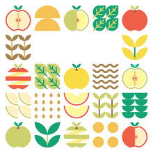 Apple Frame Abstract Artwork. Design Illustration Of Colorful Apple Pattern, Leaves, And Geometric Symbols In Minimalist Style. Whole Fruit, Cut And Split. Simple Flat Vector On A White Background.