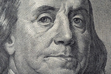 portrait of ben franklin on the us 100 dollar bill in macro. benjamin franklin on hundred dollar ame
