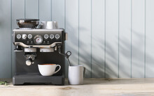 Realistic 3D Render, Professional Like Black Coffee Making Machine On Beautiful Wooden Table, Pastel Blue Wall Panel In Background With Morning Sunlight, Leaves Shadow. Food And Drink Products Overlay