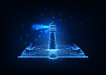Futuristic education, imagination, learning concept with glowing low poly open book and lighthouse
