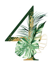 Golden Number 4 Decorated With Green And Golden Tropical Leaves Watercolor Isolated Illustration