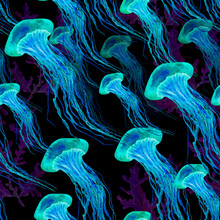 Seamless Pattern With Floating Neon Blue Jellyfish On A Dark Background.
