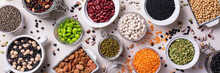 Variety Of Legumes, Lentils, Beans, Plant Based Vegan Protein Source