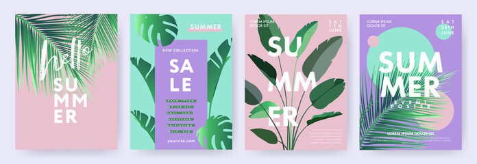 Wall Mural - Hello Summer posters or covers with abstract tropical leaves and modern typography. Design templates for branding, advertising, promo events and sale.Tropical Summer set in minimalist style.