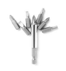 Wall Mural - Many different drill bits isolated on white, top view. Carpenter's tools