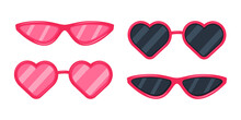 Summer Beach Sunglasses With Pink And Black Glasses In A Classic Frame And A Heart-shaped Frame. Vector Illustration In A Flat Cartoon Style Isolated On A White Background.