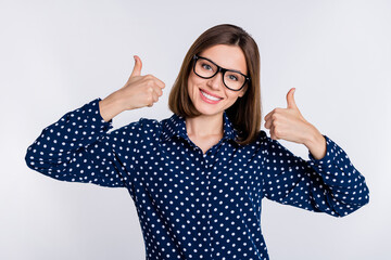 Wall Mural - photo of young girl show thumbs-up ads great quality suggest representative isolated over grey color
