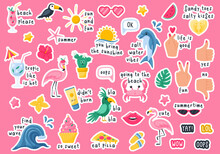 A Set Of Summer Stickers With Phrases. Cocktail, Flamingo, Cactus, Parrot, Crab. Stickers With Handwritten Inscriptions With A White Outline. Color Vector Illustrations In A Flat Cartoon Style.