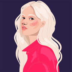 Wall Mural - young blonde woman. semi-profile. in a pink jacket.  Avatar for a social network.  fashion illustration isolated on background. Portrait