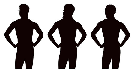 Set of three silhouettes of young shirtless athletic men with hands on hips. Shirtless men wearing underwear.