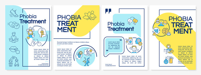 Phobia treatment blue and yellow brochure template. Therapy techniques. Leaflet design with linear icons. 4 vector layouts for presentation, annual reports. Questrial, Lato-Regular fonts used