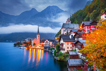 Hallstatt, Austria - Austrian Alps, Small Village, Misty Scenic Landscape Twilight Hour.