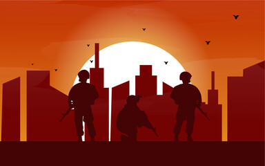 Flat soldier battlefield war silhoutte illustration