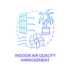 Indoor air quality improvement blue gradient concept icon. Eco-friendly architecture principle abstract idea thin line illustration. Isolated outline drawing. Myriad Pro-Bold font used