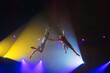 Circus actress acrobat performance. Two boys perform acrobatic elements in the air.