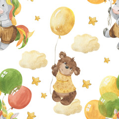 Watercolor pattern cute animals on hot air balloons