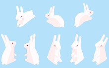 白ウサギのポーズセット、シンプルなアイソメトリックイラスト