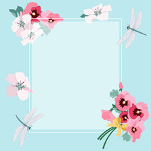 Delicate Cherry Blossoms, Pansies And Dragonflies On A Postcard With A Frame