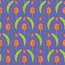 Vintage Seamless Pattern With Pink Tulips Flowers And Leaves On Blue Background
