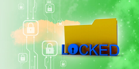 Sticker - Yellow folder and lock. Data security concept. 3D rendering
