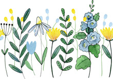 Watercolor Flower With Garden Insects Seamless  Border, Blue Yellow Floral Frame Clipart,  Digital Illustration Clip Art